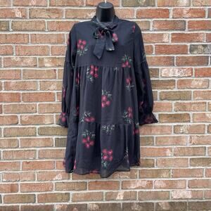 Whimsigoth Dark Floral feminine cottagecoreTiered Dress Pussybow Tie meril Sz 2